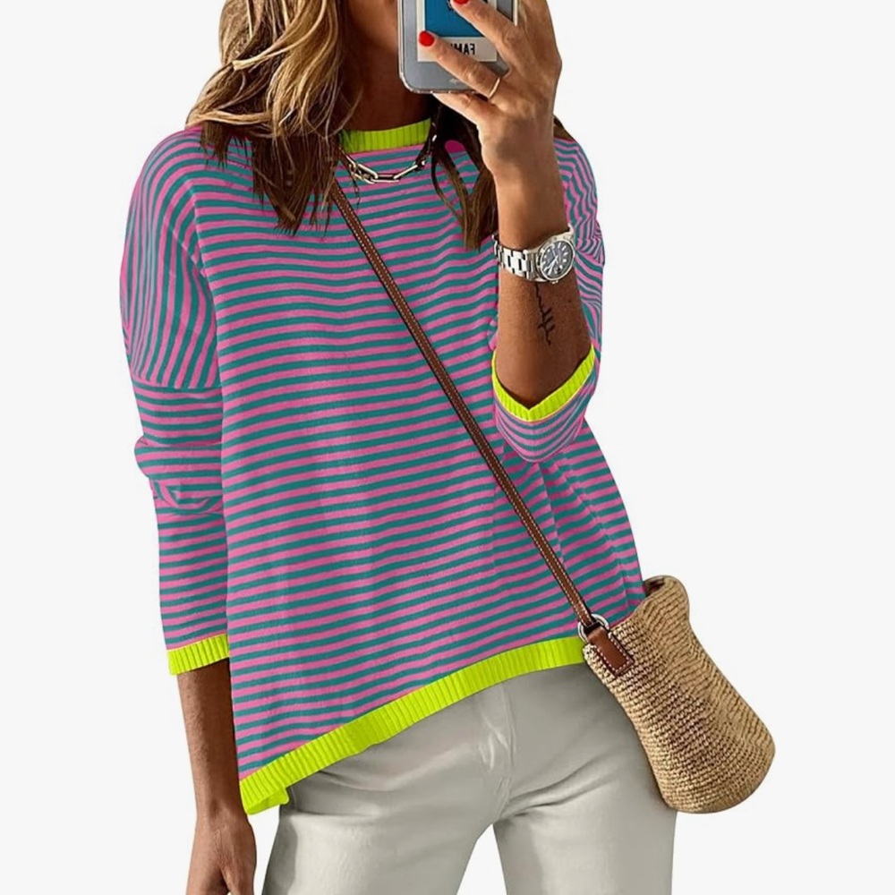 🌙WIHOLL Color Block Striped Sweater Pink and green Size L NWT…